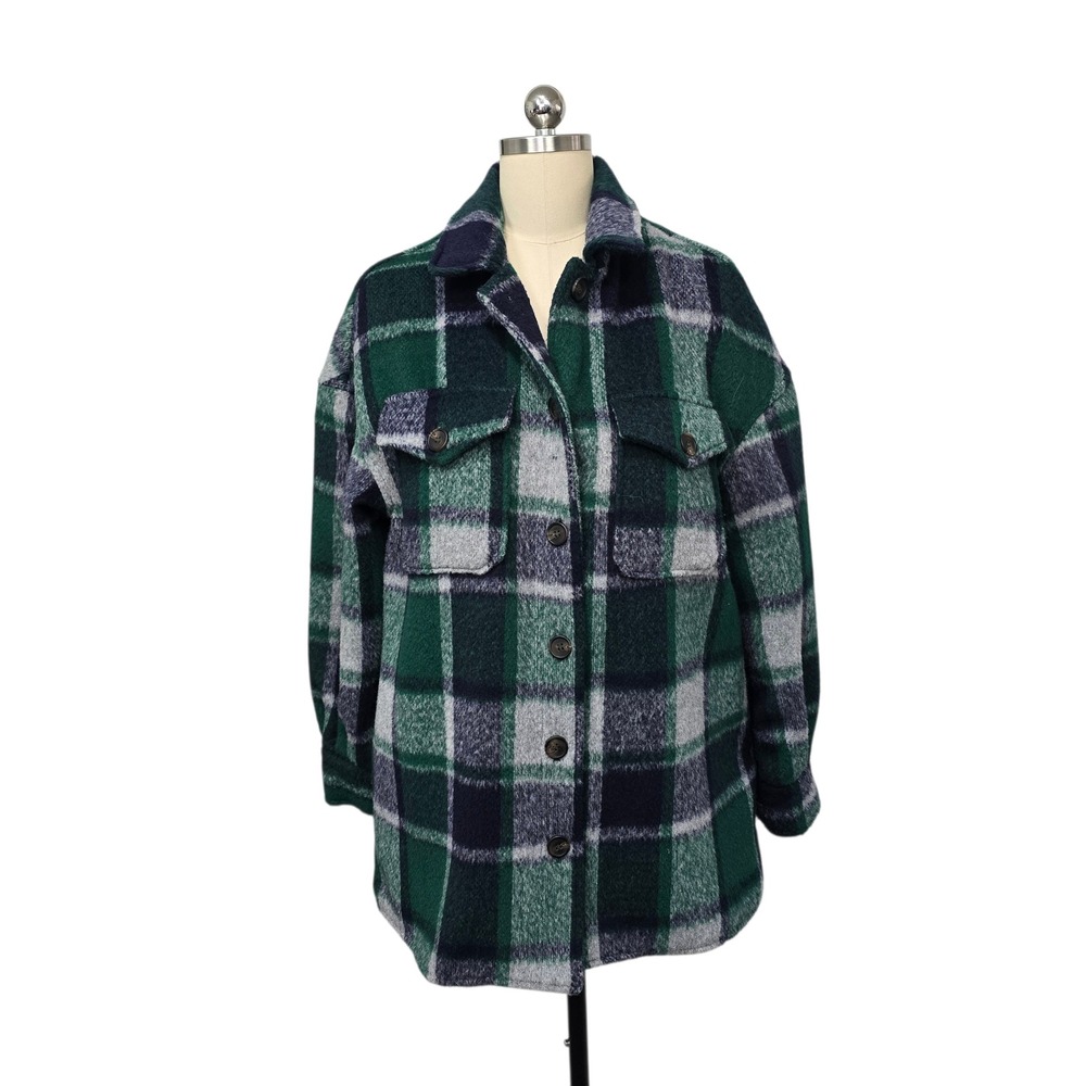 Avec Les Filles Plaid‎ Shacket Jacket Green Navy Gray Women's Size Medium